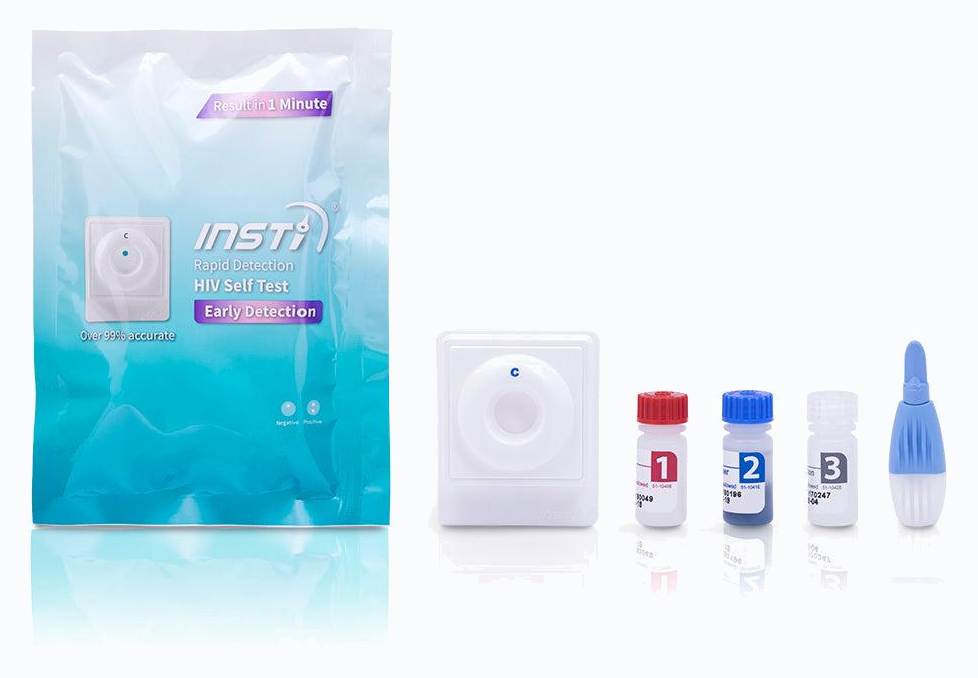 INSTI HIV Self Test kit: pouch, test device, solution bottles 1, 2 and 3, and lancet